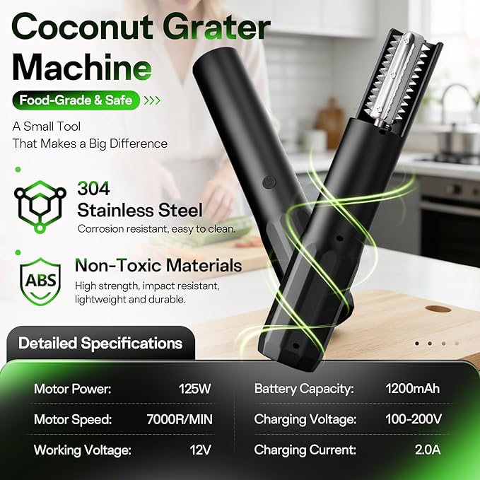 2026 New Electric Coconut Grater (with 100 Pairs of Gloves), 125W USB Rechargeable Handheld Coconut Scraper Machine, Waterproof Anti-Splash for Coconut, Cheese, Chocolate