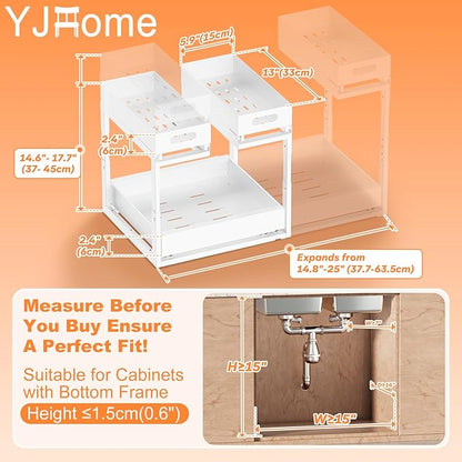 Upgrade 1 Pack Expandable Under Sink Organizers and Storage, 2 Tier Metal Pull Out Cabinet Organizer with 3 Slide Rails, Adjustable Height Slide Out Under Sink Drawers for Kitchen Bathroom Pantry