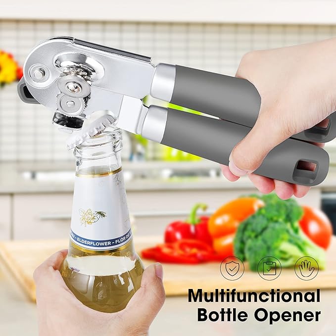 Beneno Heavy Duty Hand Can Opener Manual with Magnet, Durable Sharp Carbon Steel Blade Smooth Cutting, Big Effort-Saving Knob & Soft Grip Handle, Multifunctional Kitchen Tool with Bottle Opener, Gray - Image 6