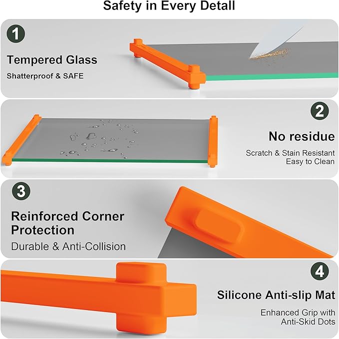 Glass Cutting Boards for Kitchen(12x16" & 12x8"),European Grey Glass Paired with Orange Silicone Grip,No Scratches/Microplastic-Free/Non Toxic,Excellent Gift for Mother's Day and Father's Day
