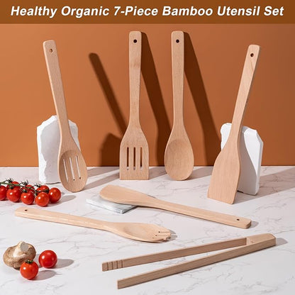Eisinly Wooden Spoons for Cooking 7-Piece, Kitchen Nonstick Wood Cooking Utensils Set, Durability Wooden Spatula Spoon for Everyday Use, Light Yellow - Image 3