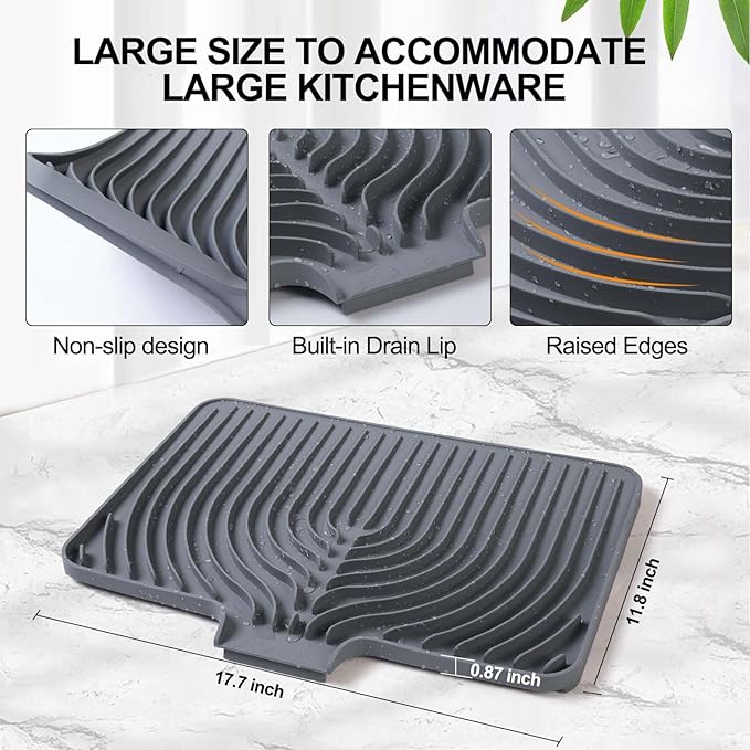 Dish Drying Mat for Kitchen Counter, with Built-in Drain Lip, Food-Grade Silicone, Easy Clean Pad for Countertop Protection, Multi-Functional Use (18 x12 Raised Sink, Grey) - Image 4