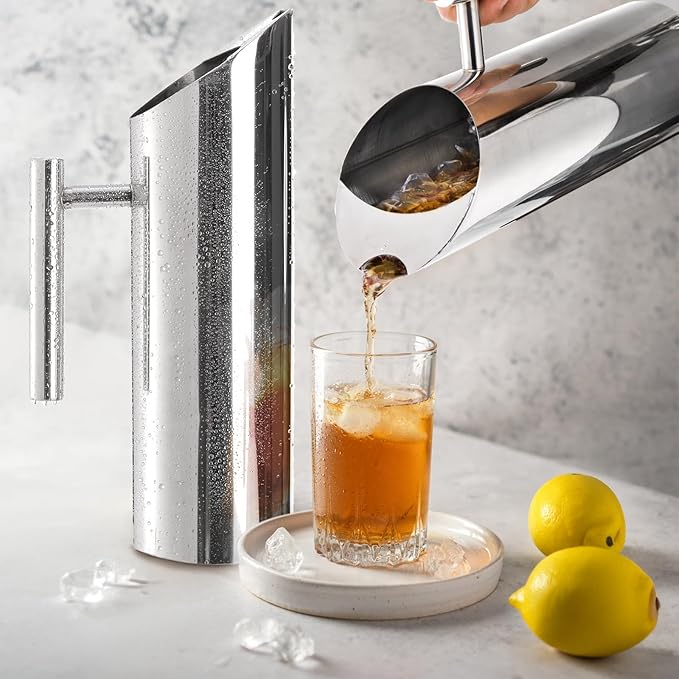 Hiceeden Stainless Steel Water Pitcher, 51oz/1.5L Modern Metal Pitcher with Ice Guard, Silver Carafe Drink Pitcher with Handle, Beverage Container for Iced/Hot Tea, Juice, Coffee, Milk - Image 8