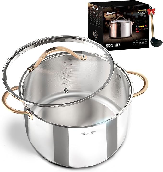 Ciwete 8 Quart Stock Pot, 3 Ply Whole Clad Stainless Steel Stock Pot, 8 QT Cooking Pot with Lid, Induction Pot for Cooking, 18/10 Stainless Steel Cookware Stockpots Oven, Gas and Dishwasher Safe by Ciwete