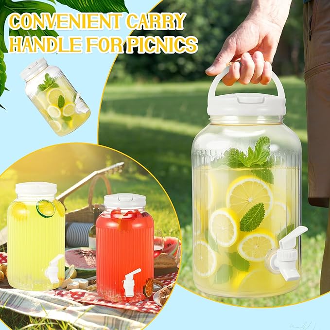 SiliFine 2 Pieces 1 Gallon Plastic Beverage Dispenser with Spigot Striped Clear Large Drink Beverage Dispenser Summer Fridge Water Container with Tap for Party Iced Tea, Sangria, Lemonade (White)