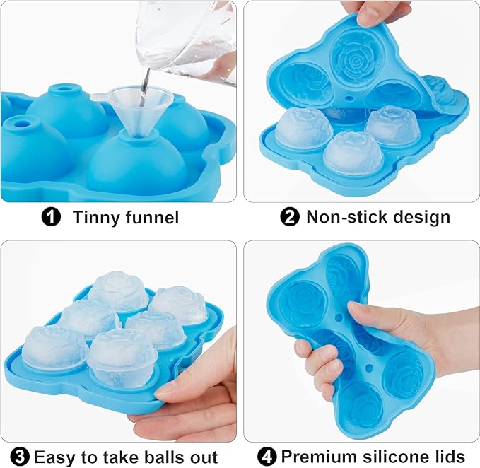 Ice Cube Tray, Mikiwon 2 inch Rose Ice Cube Trays With Covers, 6 Cavity Silicone Rose Ice Ball Maker, Easy Release Large Ice Cube Form for Chilled Cocktails, Whiskey, Bourbon & Homemade Juice (Blue) - Image 3