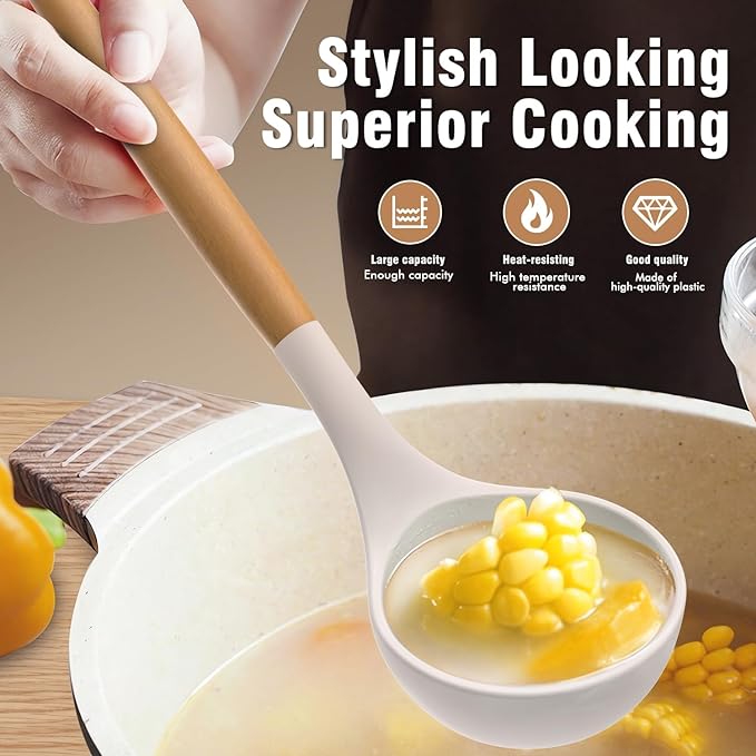 Silicone Cooking Utensils Set - AVGPD Silicone Kitchen Utensils for Cooking Wooden Handles, 446°F Heat Resistant Kitchen Utensil Spatula Sets w Holder, Gadgets for Non-Stick Cookware BPA FREE (Khaki) - Image 4