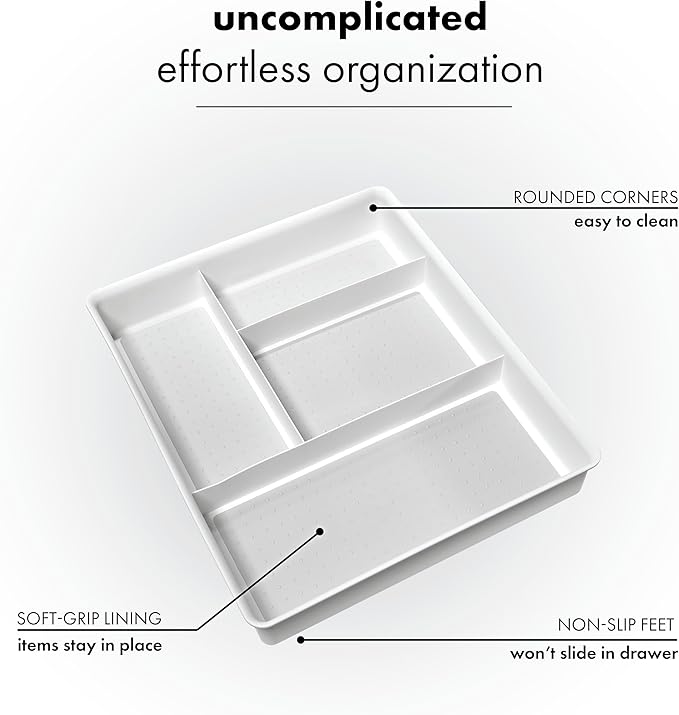 madesmart 4 Compartment Drawer Organizer, Multi Purpose Storage for Utensils, Office Tools, Cords, & Small Household Items, Tech Accessories, Arts & Crafts Supplies, Non Slip Lining, White - Image 3