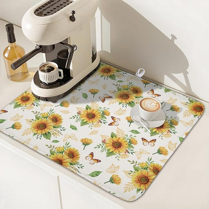 Sunflower Dish Drying Mat for Kitchen Counter Summer Yellow Floral Microfiber Dish Drainer Mat Rustic Farmhouse Absorbent Washable Drying Pad 16"x18"