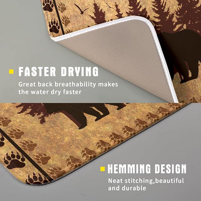 Giwawa 16"x18" Brown Bear Dish Drying Mat Rustic Forest Wildlife Woodland Dish Drainer Mats for Kitchen Countertop Farmhouse Animal Paw Print Fast Dry Microfiber Dish Drying Pad Decoration
