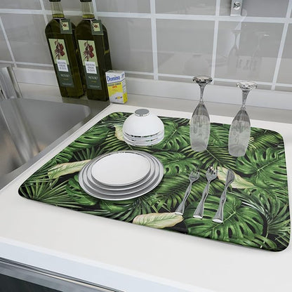 Giwawa Tropical Palm Leaf Dish Drying Mat for Kitchen Countertop, 18"x24" Summer Green Monstera Dish Drainer Mats, Hawaiian Banana Leaves Fast Dry Microfiber Large Dish Drying Pad Decoration