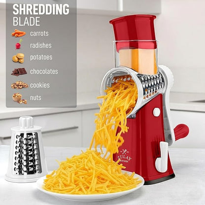 Zulay Kitchen Rotary Cheese Grater 5 Blade Cheese Shredder - Manual Hand Crank Cheese Grater With Reinforced Suction & 5 Interchangeable Drums - Easy to Use, Vegetable Chopper Round Mandoline Slicer - Image 3