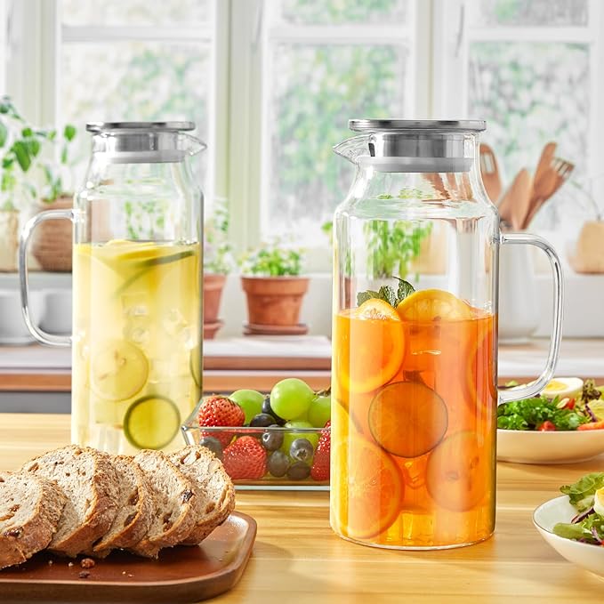 2 Liter 68 oz Glass Pitcher with Lid and Handle, Glass Carafe for Fridge, Water Pitcher for Hot/Cold Water, Large Jug for Iced Tea, Coffee, Juice and Homemade Beverage