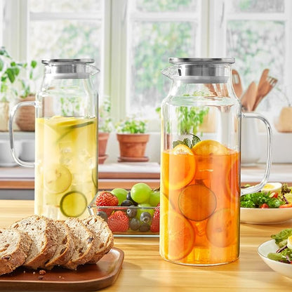 2 Liter 68 oz Glass Pitcher with Lid and Handle, Glass Carafe for Fridge, Water Pitcher for Hot/Cold Water, Large Jug for Iced Tea, Coffee, Juice and Homemade Beverage