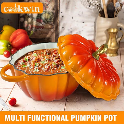 Pumpkin Enameled Cast Iron Dutch Oven with Lid, 4.5 QT Heavy Duty and Dual Handles Pot, Serves 3-5 and Oven Safe for Bread Baking, Braising, Cooking Soup and Family Gifts, Orange