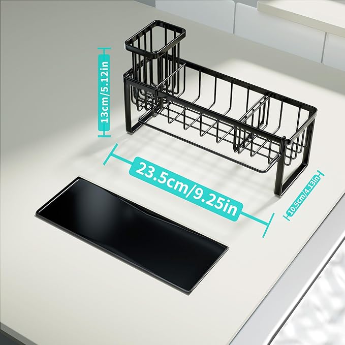 HapiRm Sponge Holder for Kitchen Sink - Self-draining Sink Caddy with Brush and Dishcloth Holders with Sloping Drainage - Black - Image 6