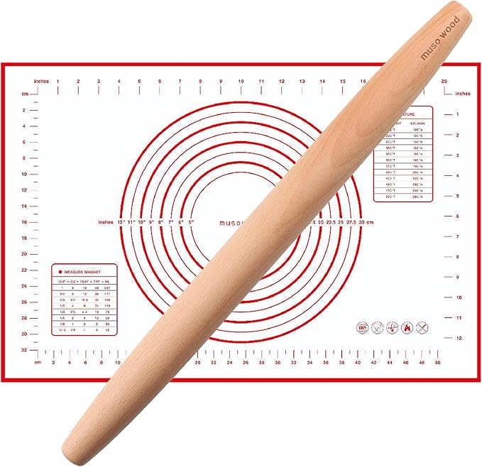 Muso Wood French Rolling Pin and Silicone Baking Mat Set, 15.75 Inch Beech Wood Tapered Rolling Pin for Fondant Pie Crust Cookie Pastry by Musowood