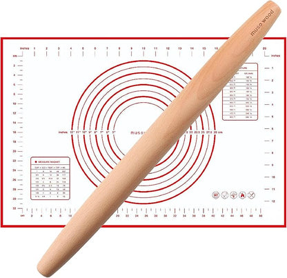 Muso Wood French Rolling Pin and Silicone Baking Mat Set, 15.75 Inch Beech Wood Tapered Rolling Pin for Fondant Pie Crust Cookie Pastry by Musowood