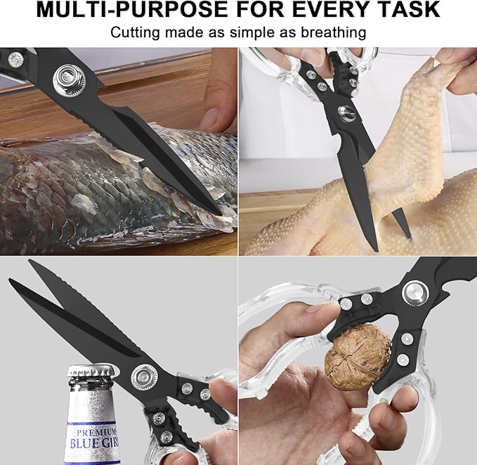 CGBE Kitchen Scissors, Multi-Purpose Kitchen Shears, Heavy Duty Food Scissors for Chicken, Poultry, Fish, Meat & Herbs with Non-Slip Grips (Transparent Black) - Image 5