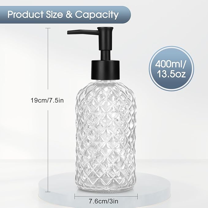 Topsky Gem Glass Soap Dispenser with Black Plastic Pump, 13oz Liquid Hand Soap Dispenser, Rustproof Pump for Kitchen & Bathroom, Great for Lotions, Essential Oil, Liquid Soaps-Clear - Image 5