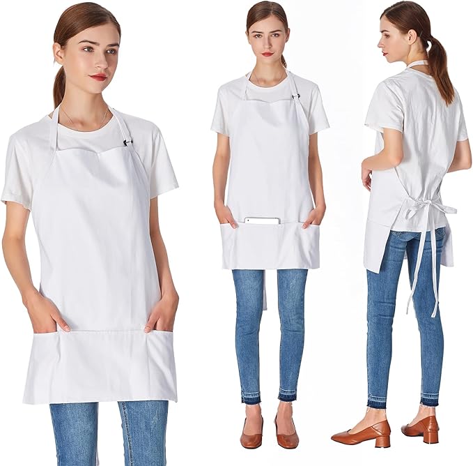 Jubatus 2 Pack 3 Pockets 100% Cotton Adjustable Bib Apron Chef Kitchen Cooking Aprons for Women Men, White - Image 3