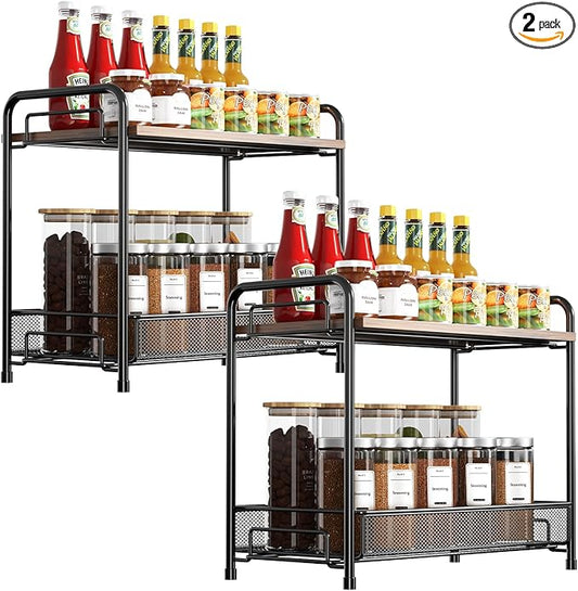 2 Pack Spice Rack Organizer for Countertop with Wood Top, 2-Tier Foldable Metal Rust-Proof Standing Large Seasoning Storage Shelf with Guardrail & Mesh Design for Kitchen Living Room, Black by Xpatee