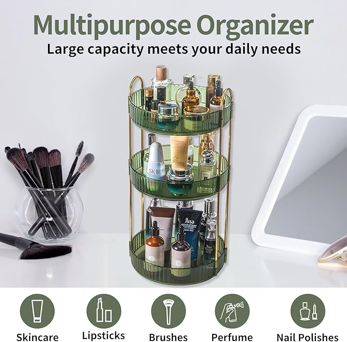 Asayuee 360 Rotating Perfume Organizer,3 Tier Large Capacity Make Up Organizers and Storage,Makeup Organizer for Bathroom,Cosmetic Perfume Stand Holder (Green-3 Tier) - Image 7