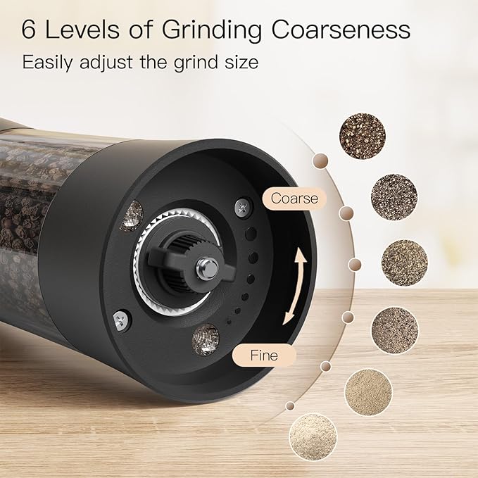 Ultrean Salt and Pepper Grinder Set, USB-C Rechargeable Automatic Pepper Grinder Spice Mill, 6 Adjustable Coarseness LED Light Larger Capacity, Kitchen Gadget, Black & White