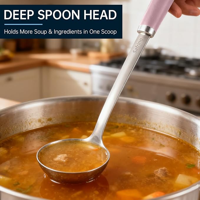 Safring Stainless Steel Soup Ladle and Spaghetti Spoon Set, Heat Resistant Rubber Handle, Dishwasher Safe, Kitchen Utensils for Cooking, Stirring, Serving Pasta, Soup & Sauce (Pink) - Image 5