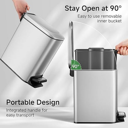 TIPGO Slim Bathroom Trash Can with Lid Soft Close, Step Pedal, 6 Liter / 1.6 Gallon Stainless Steel Trash Bin, Small Garbage Cans for Bedroom, Office, Kitchen (Silver) - Image 2