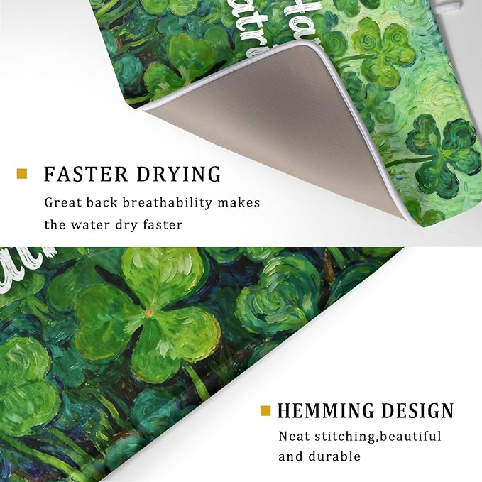 St Patricks Day Lucky Clover Dish Drying Mat for Kitchen Counter 18x24 Green Shamrock Happy Holiday Theme Absorbent Reversible Microfiber Drying Mats Kitchen Countertop Protector Dishes Drainer Pad - Image 3