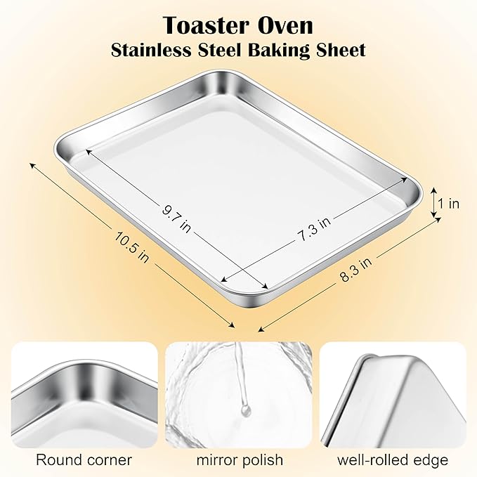 E-far Toaster Oven Tray, 10.5”x8.3” Stainless Steel Small Baking Cookie Sheet, Compact Non-toxic Metal Baking Pan for Cake, Healthy & Rust Free, Mirror Finish & Dishwasher Safe, 1 Pack - Image 2