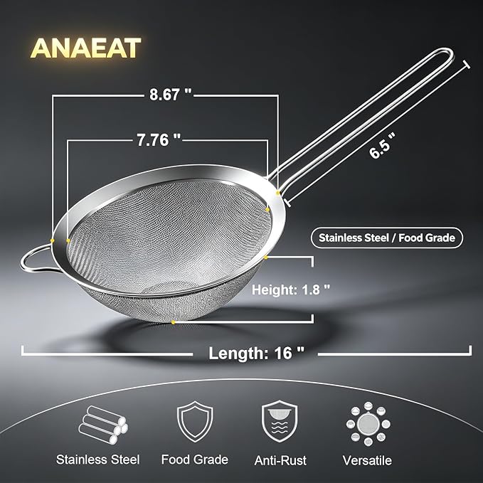 Anaeat Fine Mesh Strainers - Premium Stainless Steel Colander Sieve Sifters, with Durable Mesh and Sturdy Handle, Excellent for Sifting Dry ingredients, Flour, Pastas, Rice, Tea (8.67"）