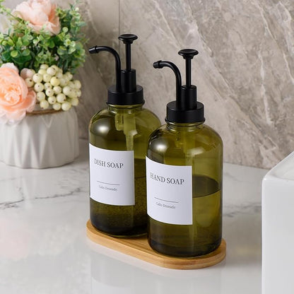 Glass Soap Dispenser with Pump, Dish and Hand Soap Dispenser for Kitchen Bathroom Set, Clear Glass Dispenser Set of 2 Pack with 18 Stickers Funnel Bamboo Tray 500ml 18oz Green - Image 8