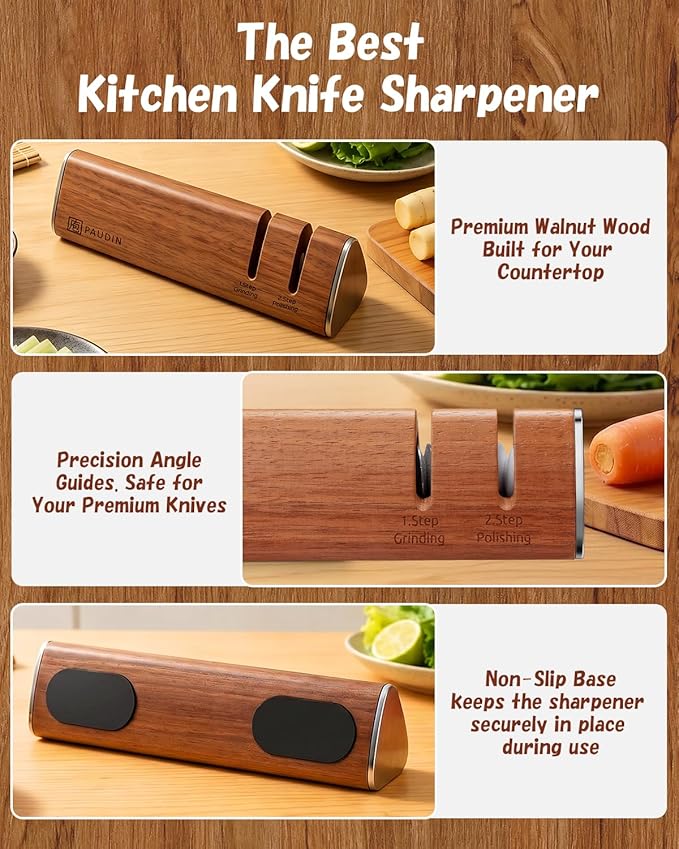 PAUDIN Walnut Knife Sharpener – 2-Stage Sharpening for Dull Knives, Safe for High-Carbon Steel Blades, Easy to Use – No Water, No Mess, One-Pull Sharpening, Kitchen Sharpener for Knives and Scissors