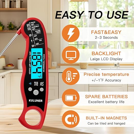 KULUNER TP-01 Waterproof Digital Instant Read Meat Thermometer with 4.6 Folding Probe Backlight Calibration Function for Cooking Food Candy, BBQ Grill, Liquids,Beef（Red） - Image 2
