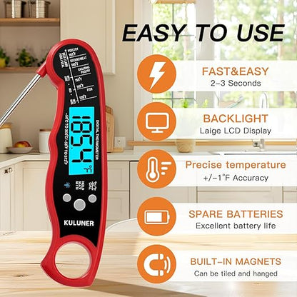KULUNER TP-01 Waterproof Digital Instant Read Meat Thermometer with 4.6 Folding Probe Backlight Calibration Function for Cooking Food Candy, BBQ Grill, Liquids,Beef（Red） - Image 2