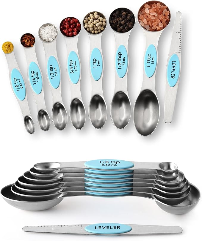 Spring Chef Stainless Steel Magnetic Measuring Spoons Set of 8 with Leveler, Metal Teaspoon & Tablespoon Measuring Spoons with Strong Magnets, Kitchen Gadgets for Baking & Cooking - 2 Pack - Aqua Sky by SpringChef