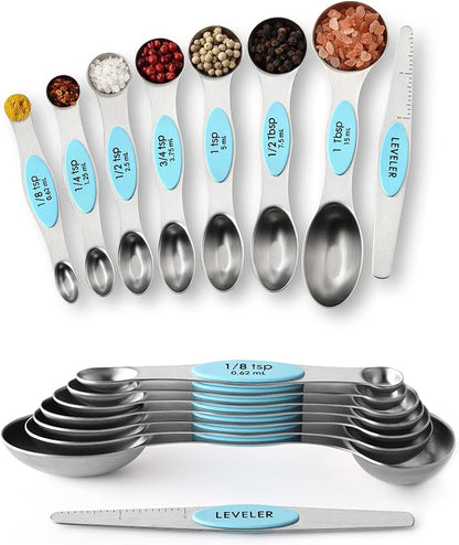 Spring Chef Stainless Steel Magnetic Measuring Spoons Set of 8 with Leveler, Metal Teaspoon & Tablespoon Measuring Spoons with Strong Magnets, Kitchen Gadgets for Baking & Cooking - 2 Pack - Aqua Sky by SpringChef