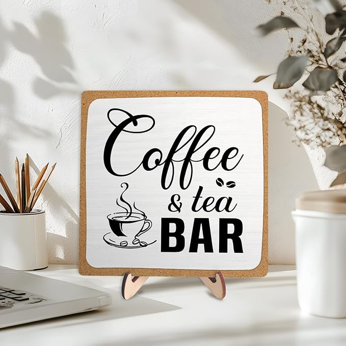 Rustic Coffee & Tea Bar Decor Sign,Funny Wooden Plaque for Cafe Bar,Coffee Station,or Shelf, Farmhouse Kitchen Cafe & Tea Accessories for Home or Office 5.9 x 5.9Inch(White+Brown04) - Image 5