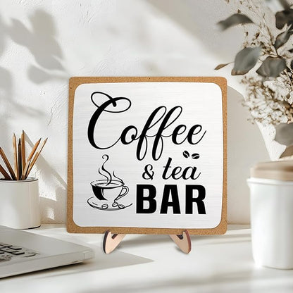 Rustic Coffee & Tea Bar Decor Sign,Funny Wooden Plaque for Cafe Bar,Coffee Station,or Shelf, Farmhouse Kitchen Cafe & Tea Accessories for Home or Office 5.9 x 5.9Inch(White+Brown04) - Image 5