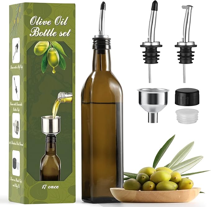 AOZITA 17oz Glass Olive Oil Dispenser - Oil and Vinegar Cruet Bottle with Stainless Steel Pourers - Funnel For Easy Refill - Olive Carafe Decanter for Kitchen by AOZITA