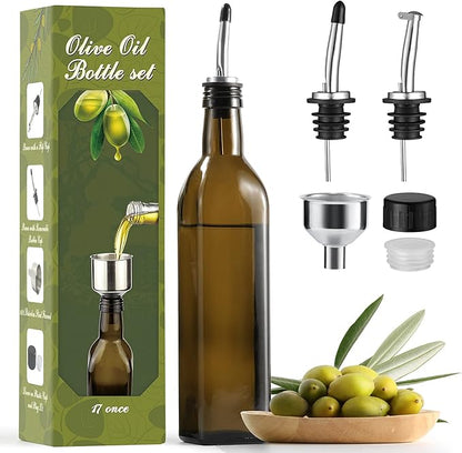 AOZITA 17oz Glass Olive Oil Dispenser - Oil and Vinegar Cruet Bottle with Stainless Steel Pourers - Funnel For Easy Refill - Olive Carafe Decanter for Kitchen by AOZITA