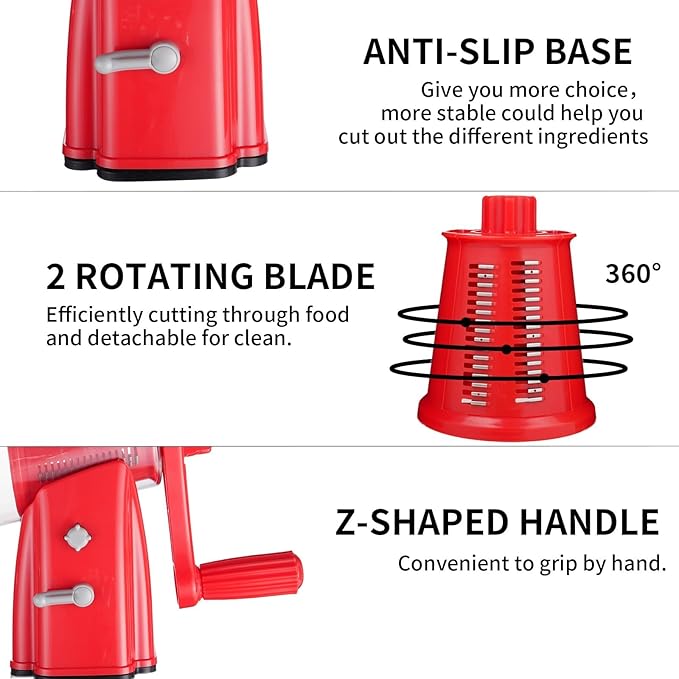 Upgrade Rotary Cheese Grater Shredder with Handle, Strong Suction Base, Multi-purpose Rotary Grater Slicer with 5 Interchangeable Blades for Ice, Vegetables, Fruit, Nuts with Blade Storage Box - Image 5