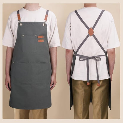 Chef Aprons for Men Women with Large Pockets, Cotton Canvas Water Repellent Kitchen Apron for Cooking