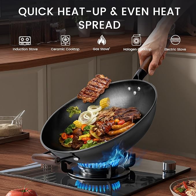Carbon Steel Wok - 13" Woks & Stir-Fry Pans Nonstick, Wok with Lid, Fast Heat Conduction, Uniform Heat Conduction Flat Bottom Woks, Professional Chef Cookware - Image 4