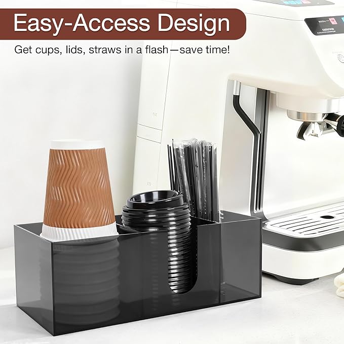 Acrylic Coffee Cup Holder for Countertop Breakroom, 3 Slots Acrylic Coffee Bar Accessories and Organizer+4 Anti Slip Silicone Pads, Clear Coffee Station Organizer for Cup Lid Straw, Grey