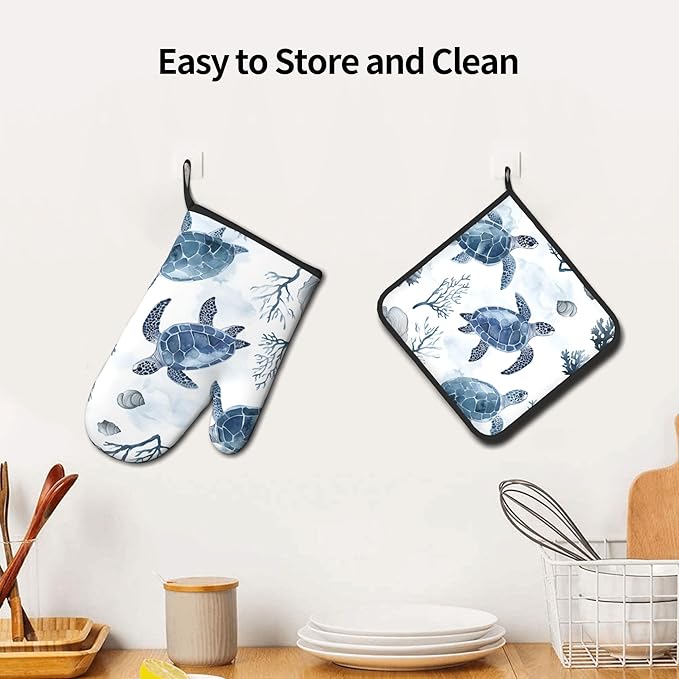Nautical Oven Mitts for Women - 2 PCS Coastal Oven Gloves Summer Kitchen Mitts Beach Seashell Potholders for Baking and Cooking - Image 6