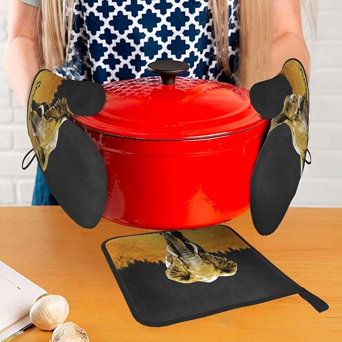 Elephant Oven Mitts and Pot Holders Sets of 3 Black Gold Hot Pads Oven Gloves Heat Resistant Non Slip Washable for Kitchen Cooking Grilling Baking - Image 7