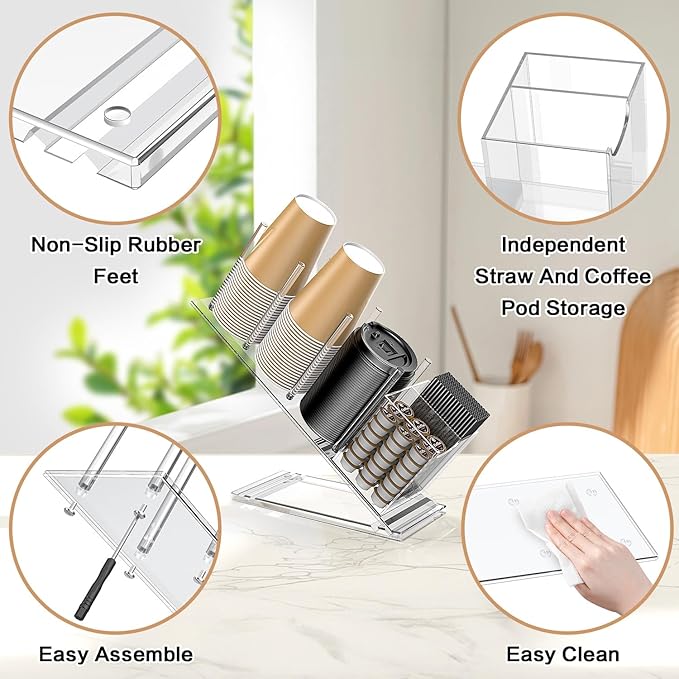 Acrylic Cup and Lid Holder with Straw Organizer, Adjustable Coffee Cup Holder Organizer, 5 Compartment Cup Dispenser for Disposable Paper & Plastic Cups, for Station Home Countertop(Patent in Effect) - Image 5